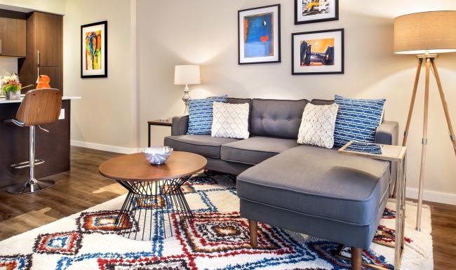 a living room with a couch and a coffee table